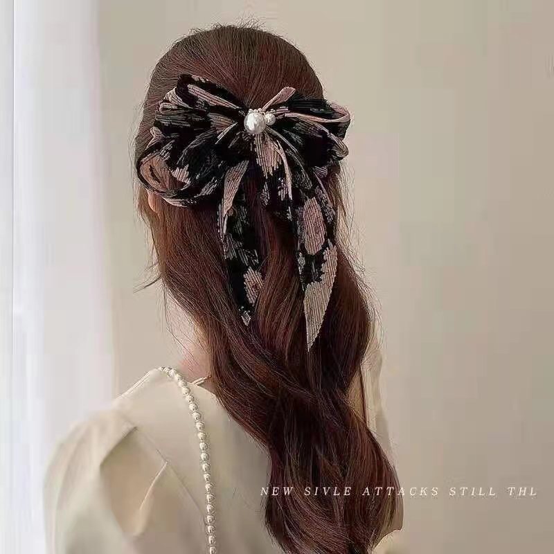 韩版布艺蝴蝶结🎀欧美时尚2夏季新款大蝴蝶结珍珠碎花发夹后脑勺韩国网红发卡顶夹头饰弹簧夹