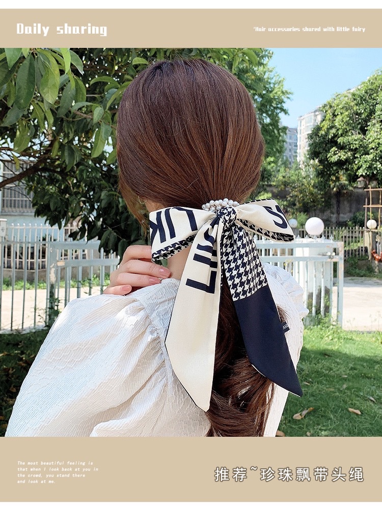 Pearl silk scarf, hair band, women's hair tie, ribbon, popular 2021 new summer thin hair tie head and hair tie detail image 2