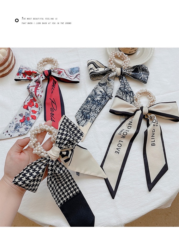 Pearl silk scarf, hair band, women's hair tie, ribbon, popular 2021 new summer thin hair tie head and hair tie details Picture