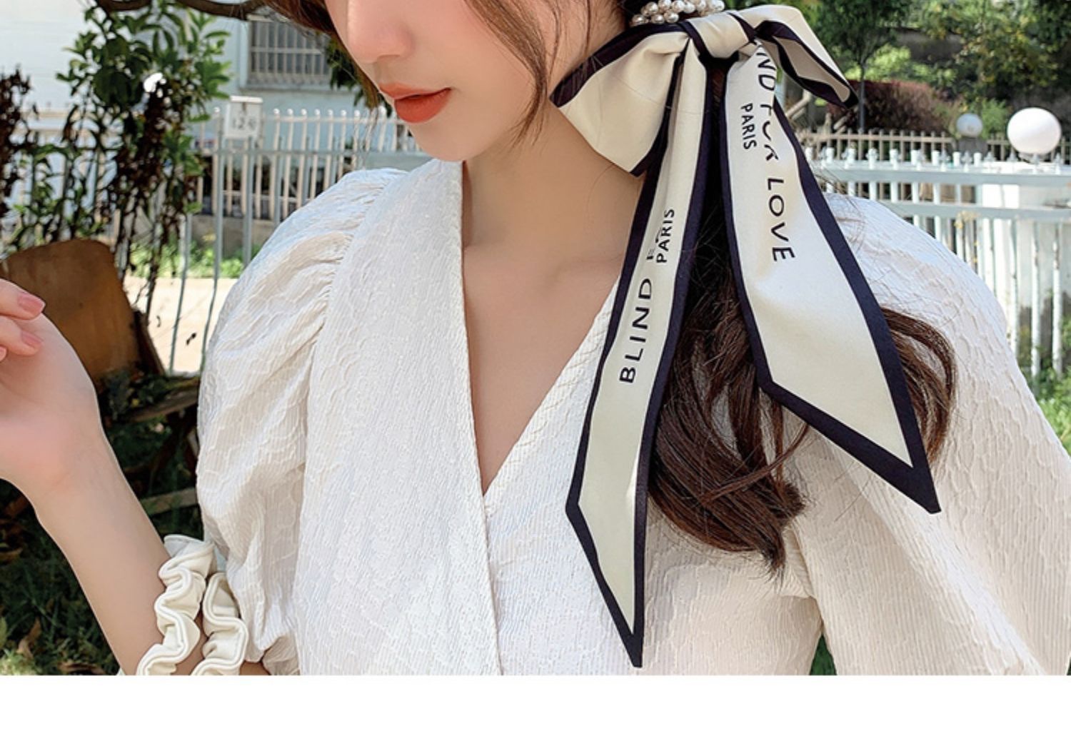 Pearl silk scarf, hair band, women's hair tie, ribbon, popular 2021 new summer thin hair tie head and hair tie detail image 9