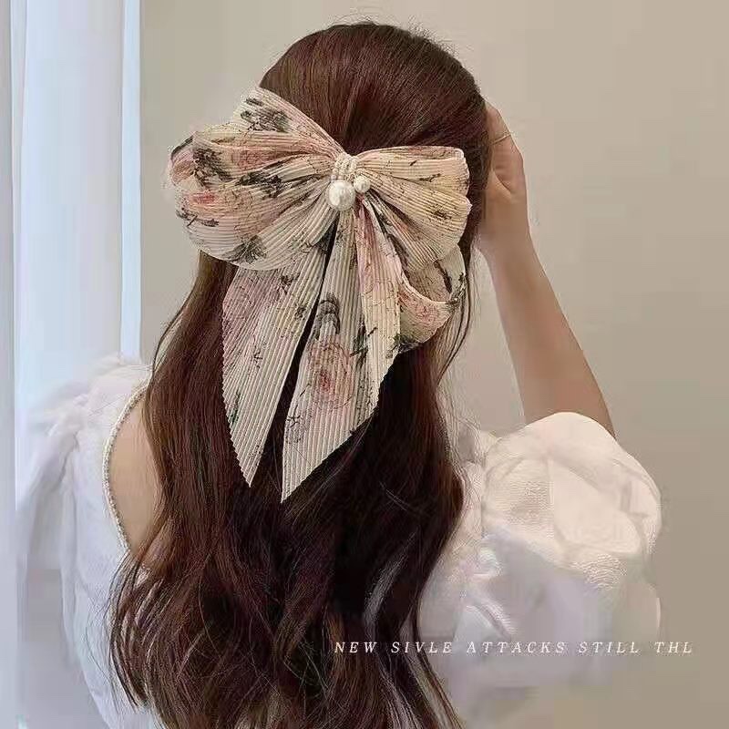 韩版布艺蝴蝶结🎀欧美时尚1夏季新款大蝴蝶结珍珠碎花发夹后脑勺韩国网红发卡顶夹头饰弹簧夹