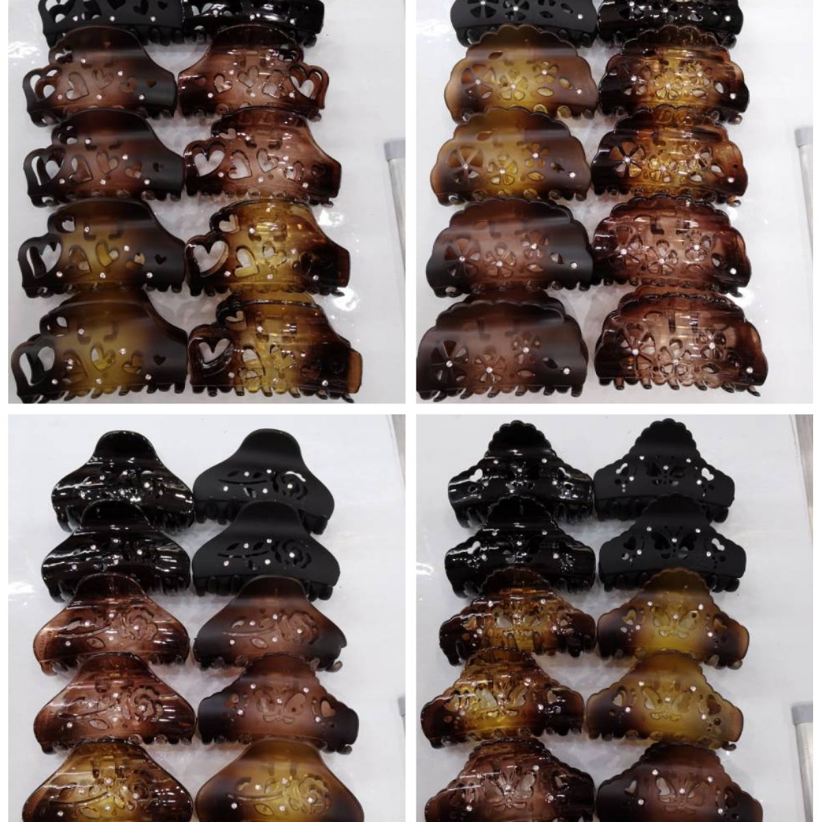 Three designs of black turtle shells with rhinestones and hollowed-out patterns