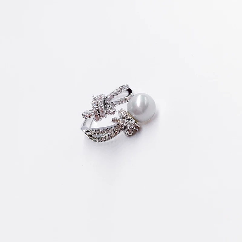 European and American fashion diamond set zircon rope knot pearl open ring
