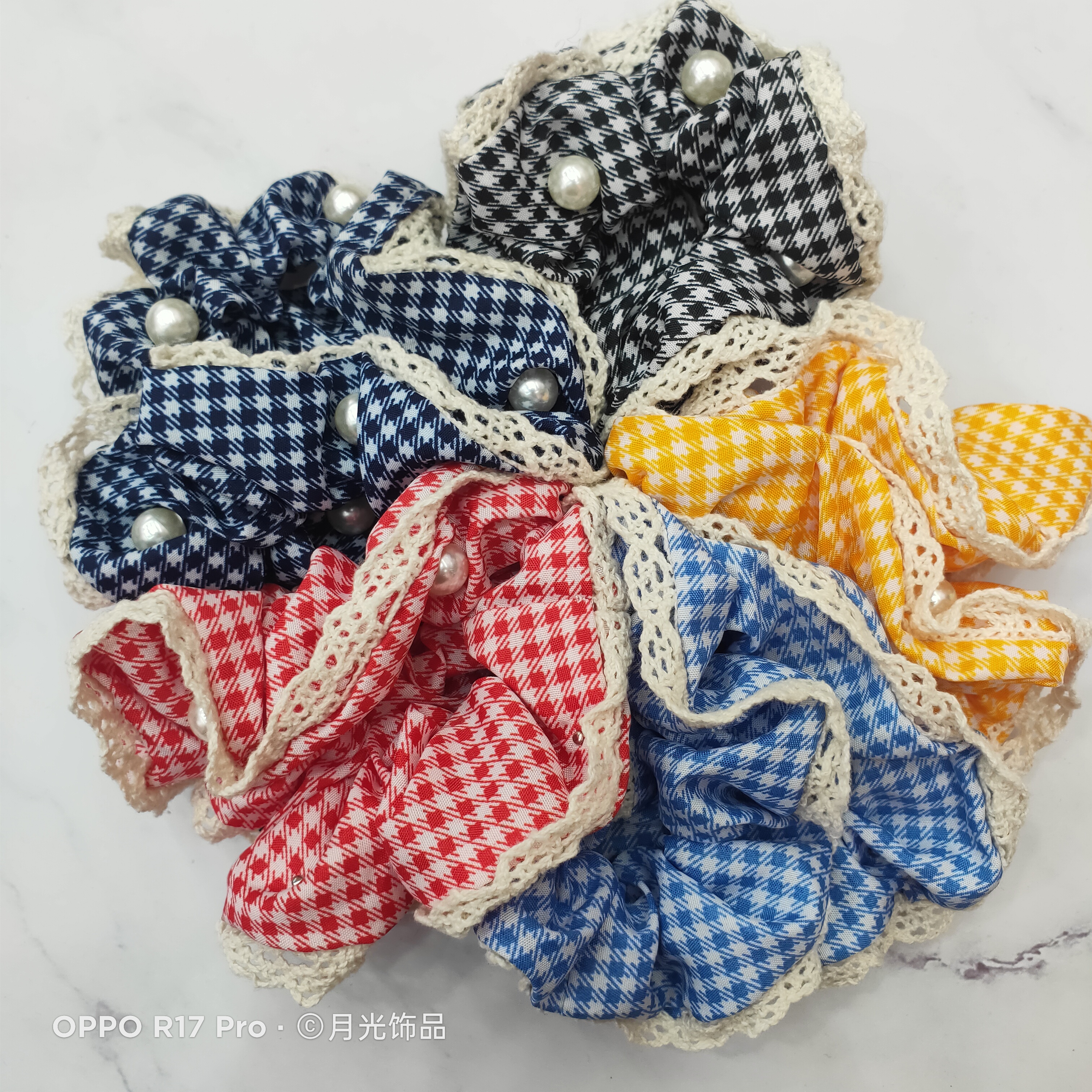 Korean-style popular fashion checkered lace trim, pearl large intestine ring, hair ring, hair tie leather case