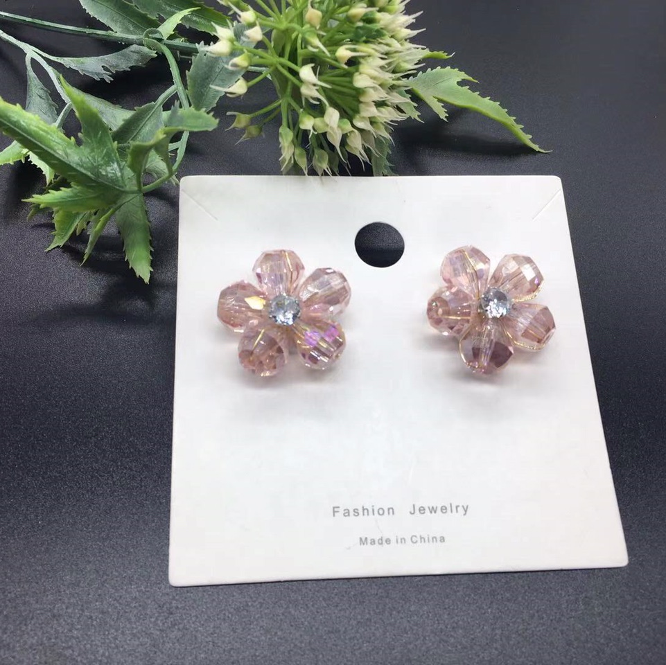 水滴玻璃水晶手工银针耳环粉色AB