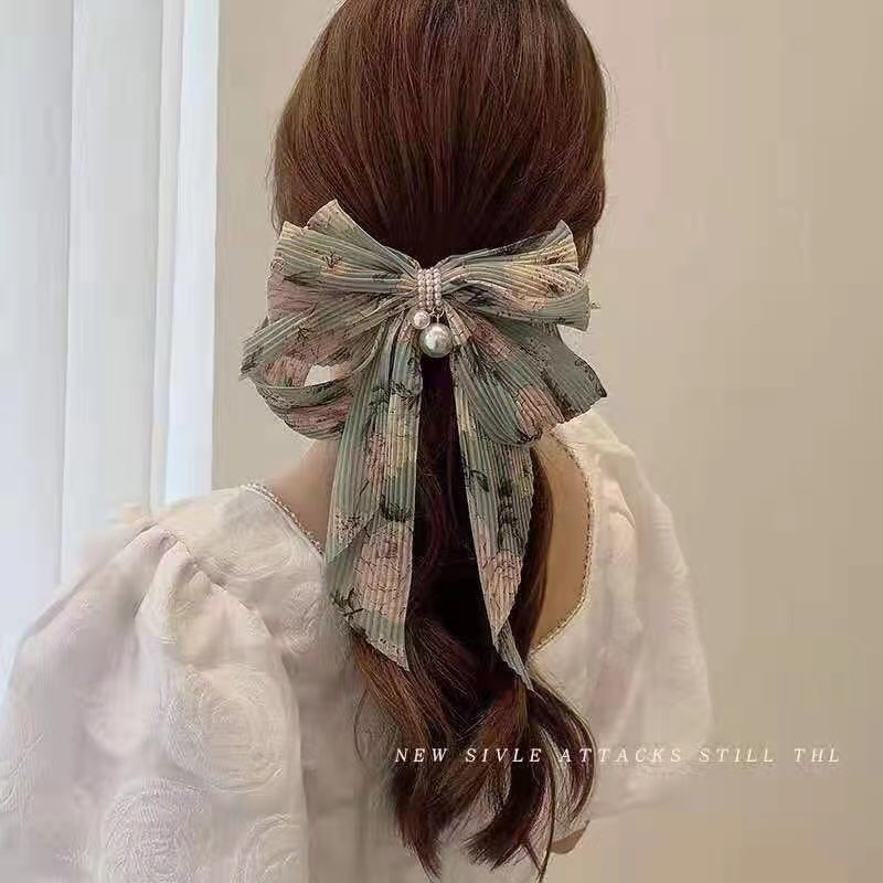 韩版布艺蝴蝶结🎀欧美时尚3夏季新款大蝴蝶结珍珠碎花发夹后脑勺韩国网红发卡顶夹头饰弹簧夹