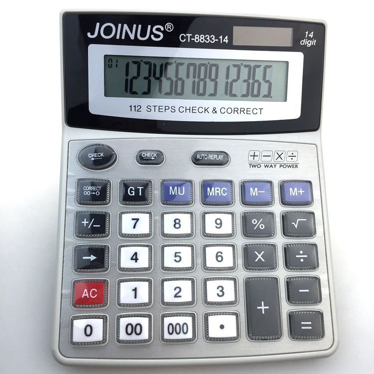 厂家直销 办公计算器 JOIUNS CT-8833-14办公用品大屏显示 真太阳能 双电源 14位显示计算器 批发