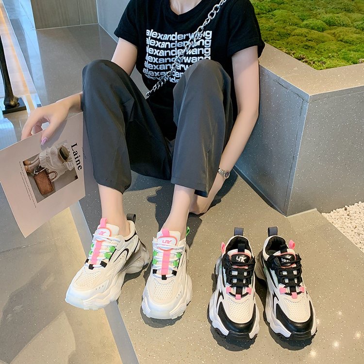 网红显瘦厚底增高老爹鞋女2021春秋新款女鞋韩版真皮运动休闲鞋潮细节图