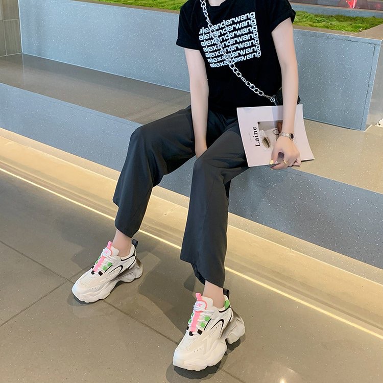 网红显瘦厚底增高老爹鞋女2021春秋新款女鞋韩版真皮运动休闲鞋潮白底实物图