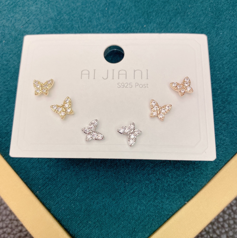 三对装微镶 蝴蝶三色金 精美小巧韩版耳钉耳饰