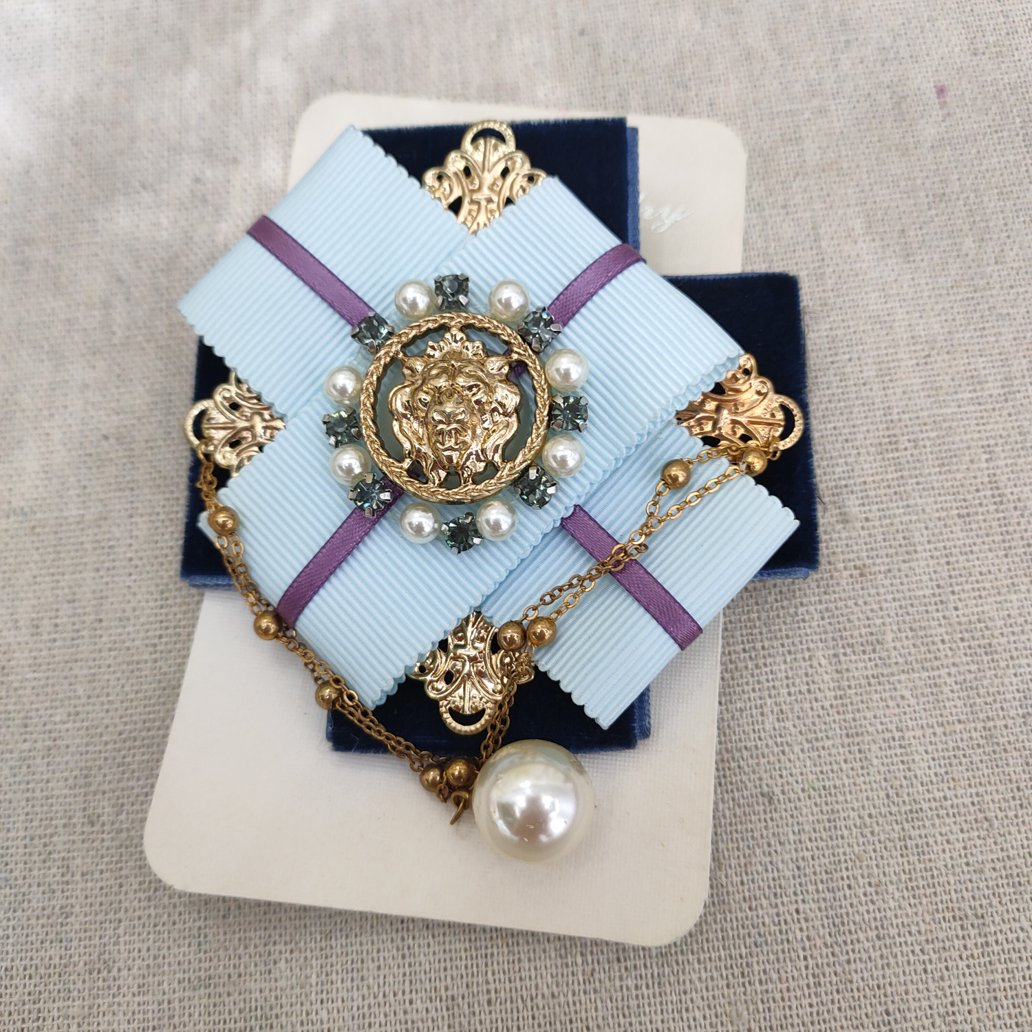Vintage diamond bow Fabric corsage pin Light blue lace streamer bow tie Brooch blouse with accessory collar