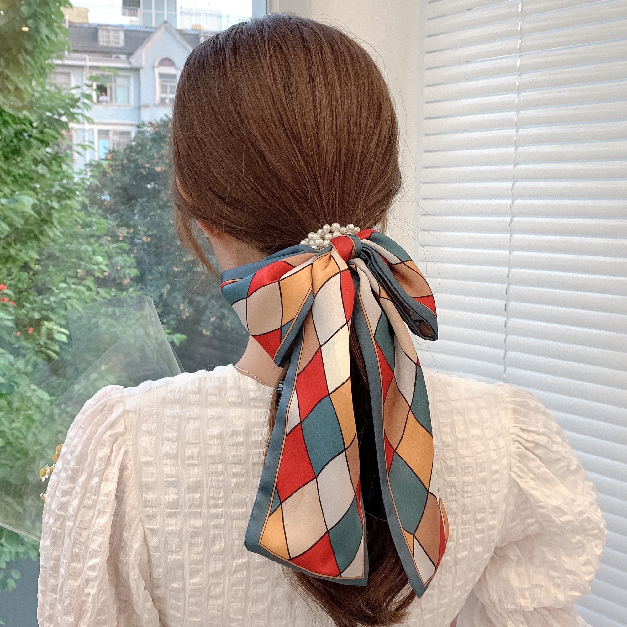 Pearl silk scarf, hair band, women's hair tie, ribbon, popular 2021 new summer thin hair tie head and hair tie detail image 7