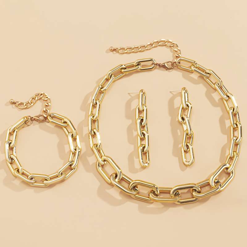 A set of 3 European and American InS-style thick chain necklaces, bracelets and stud earrings, a trendy, slimming, high-end and elegant choker detail image 1