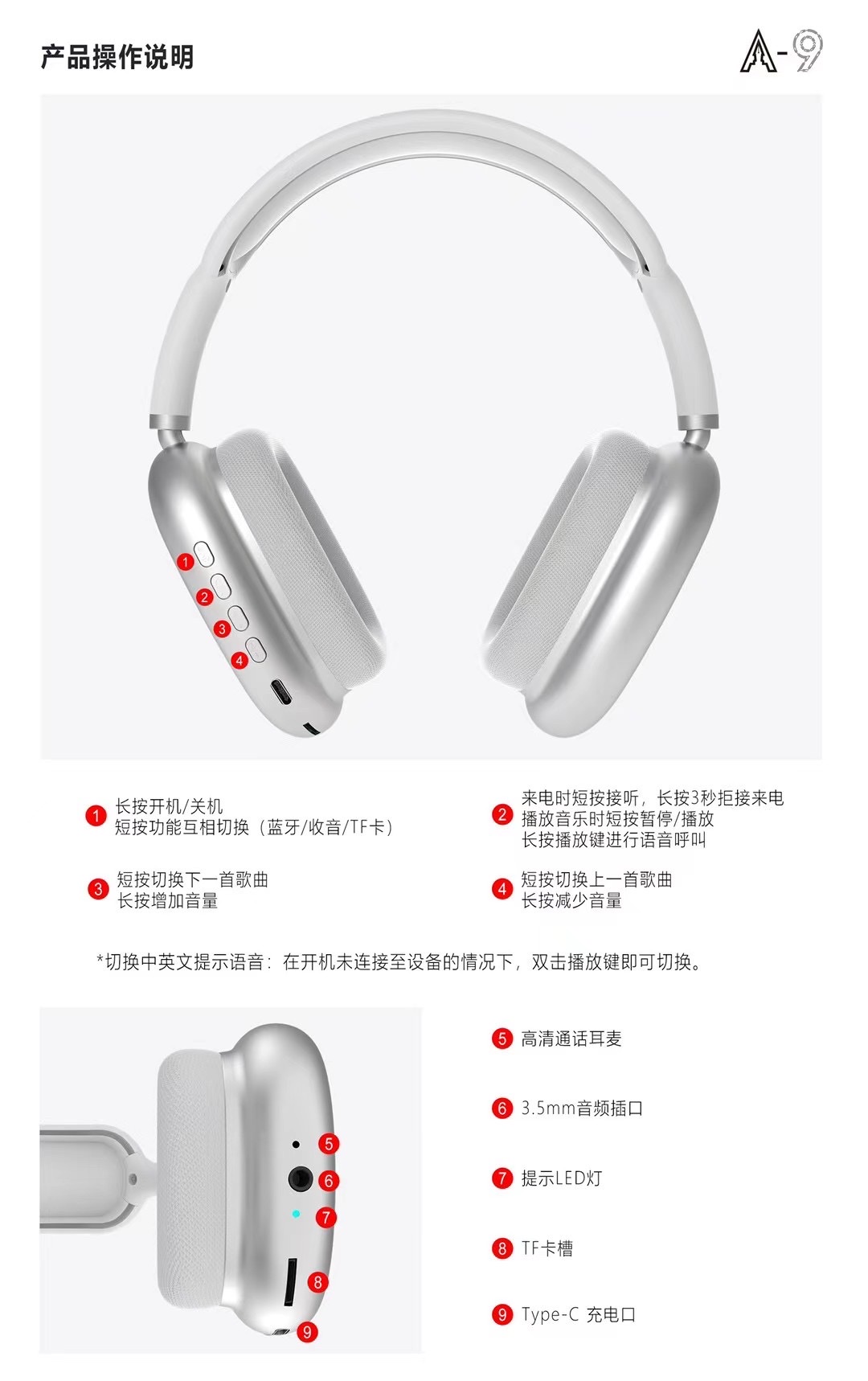 A9 auriculares bluetooth detail image 2