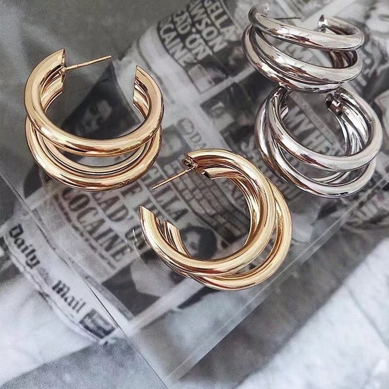 羽蝶新款三环耳环高级感轻奢金色圈圈s925银针isn风 两色可挑