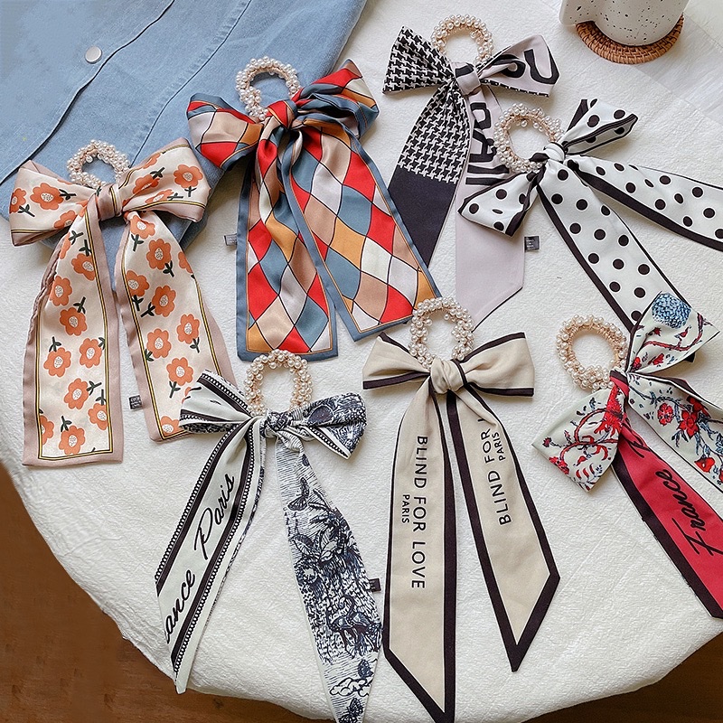 Pearl silk scarf, hair band, women's hair tie, ribbon, popular 2021 new summer thin hair tie head and hair tie detail image 10