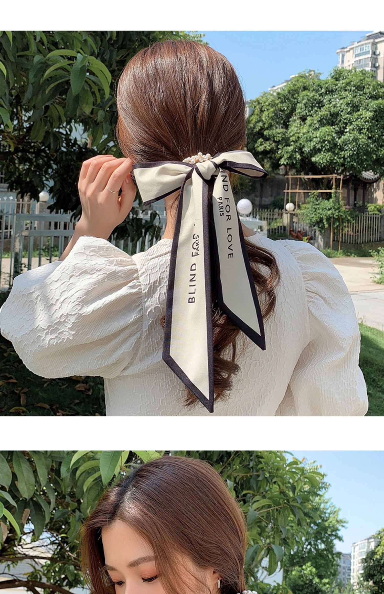 Pearl silk scarf, hair band, women's hair tie, ribbon, popular 2021 new summer thin hair tie head and hair tie detail image 8