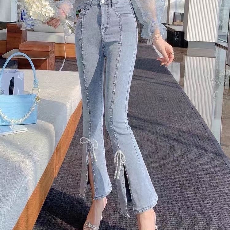 High-end pearl denim bell bottoms