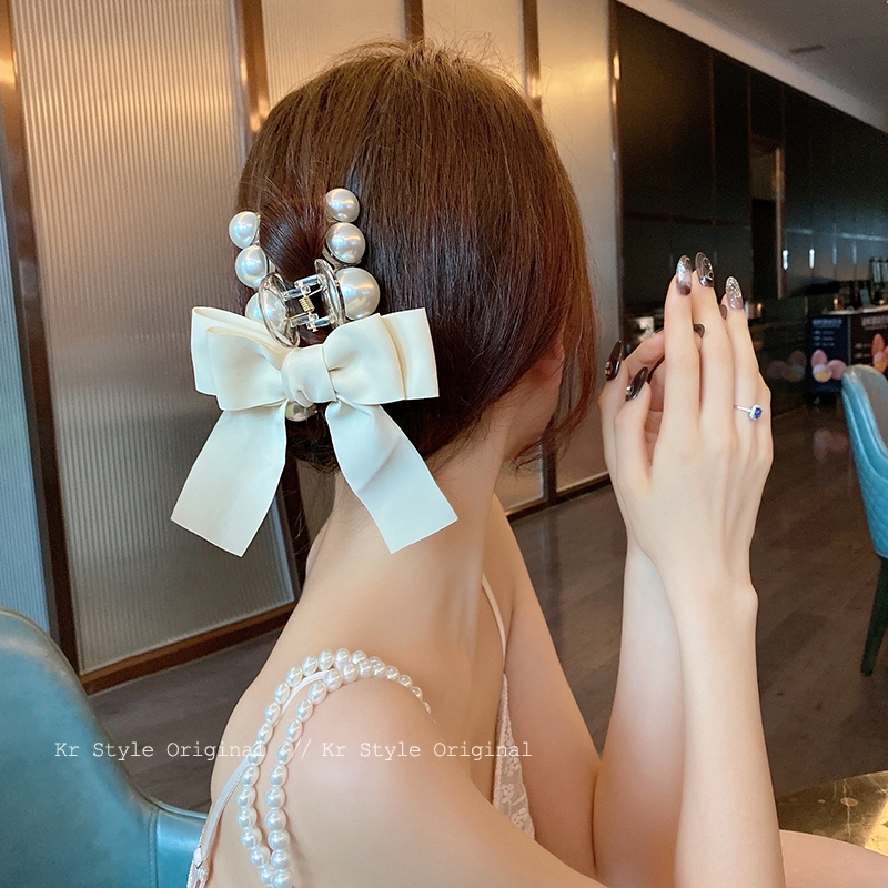 Bow pearl clip, 2021 new summer female Internet celebrity hair clip, back head updo hair clip, ethereal hair accessory