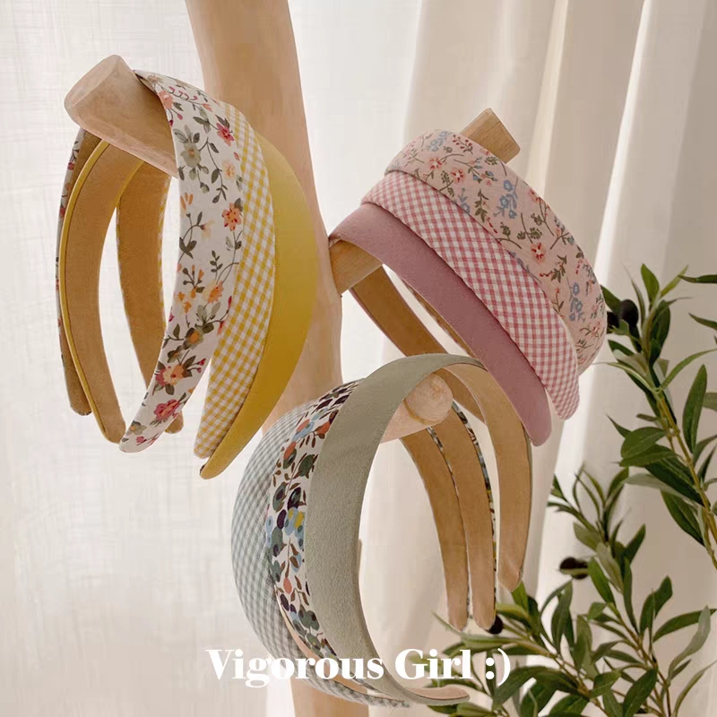 1 set of 3 girls' checkered solid-color hair bands, little girls' floral lady headbands, wide-edge headbands, aged 5 to 12