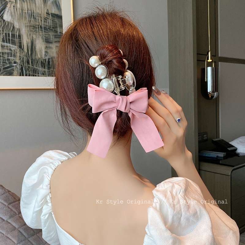 Bow pearl clip, 2021 new summer female Internet celebrity hair clip, back head updo hair clip, ethereal hair accessory details Picture