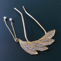 Simple retro fringe U-shaped hairpin national style super xian Hanfu cheongsam hairpin rhinestone leaf female hair accessories