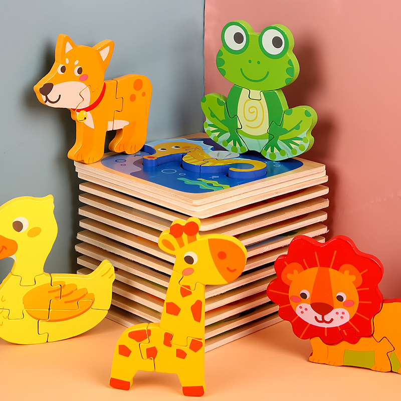Children's wooden cartoon animal three-dimensional snap-on small jigsaw puzzle, early education board building block toy for boys and girls Specification image