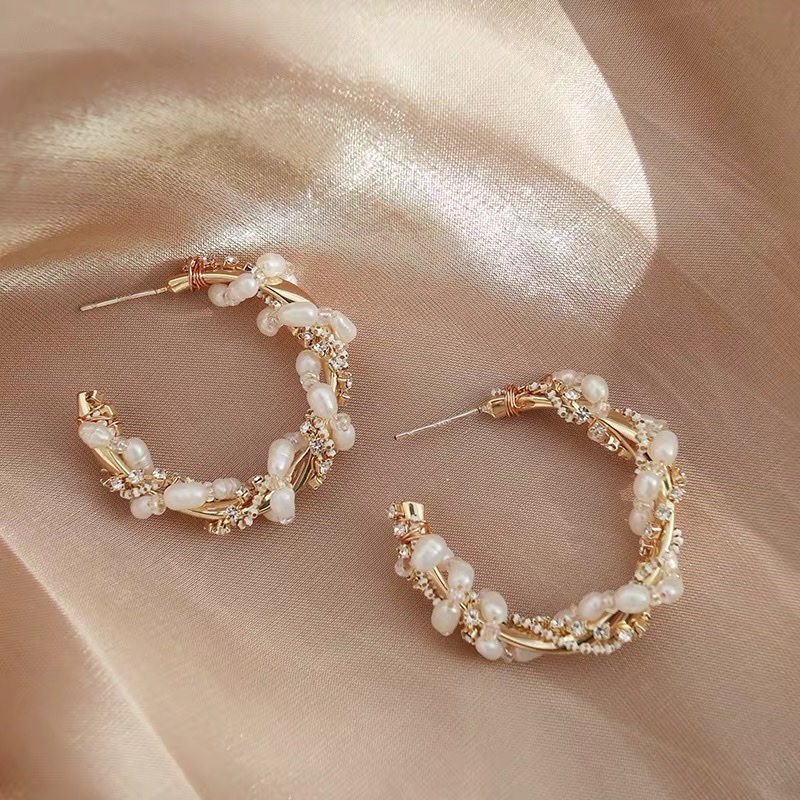S925 Summer New Style Light Luxury Heavy Industry Small C style Hong Kong style hand-wound pearl earrings, trendy and elegant earrings for women details Picture