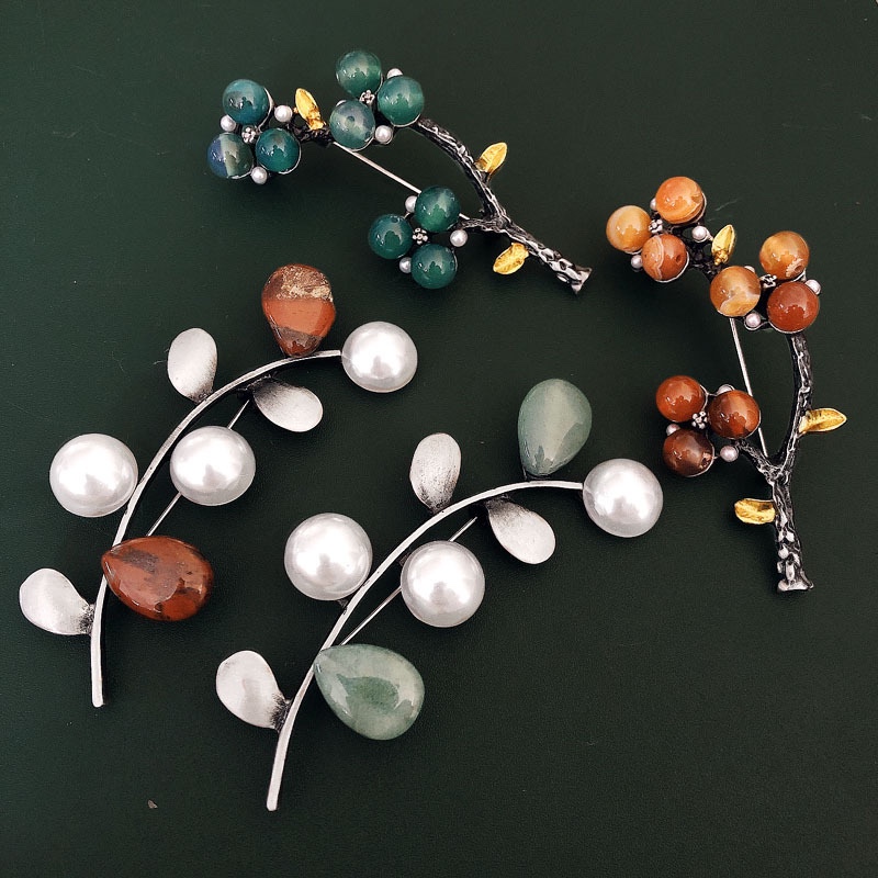 New fashion drum core electroplated exaggerated stone brooch Vintage plant branch pin Coat sweater Clothing accessories