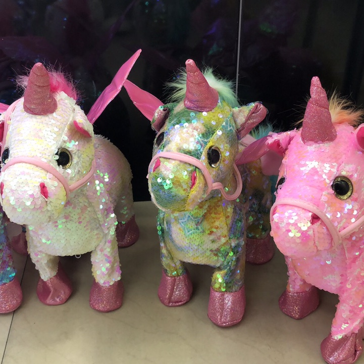 牵绳亮片独角兽电动公仔玩具批发