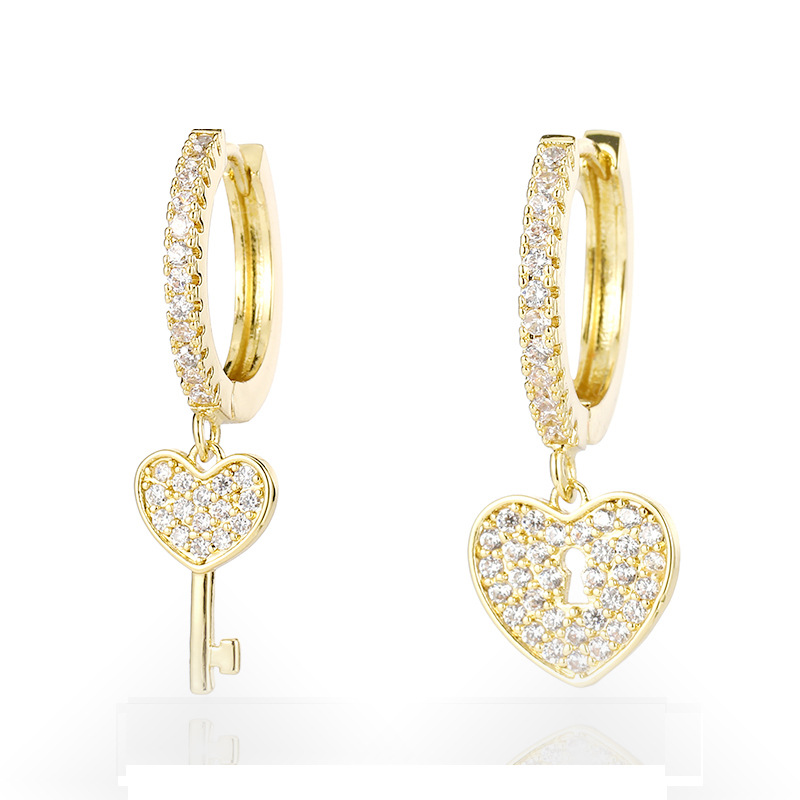 Fashion simple key and lock asymmetrical earrings micro-inset zircon real gold plating manufacturers wholesale micro supplier supply
