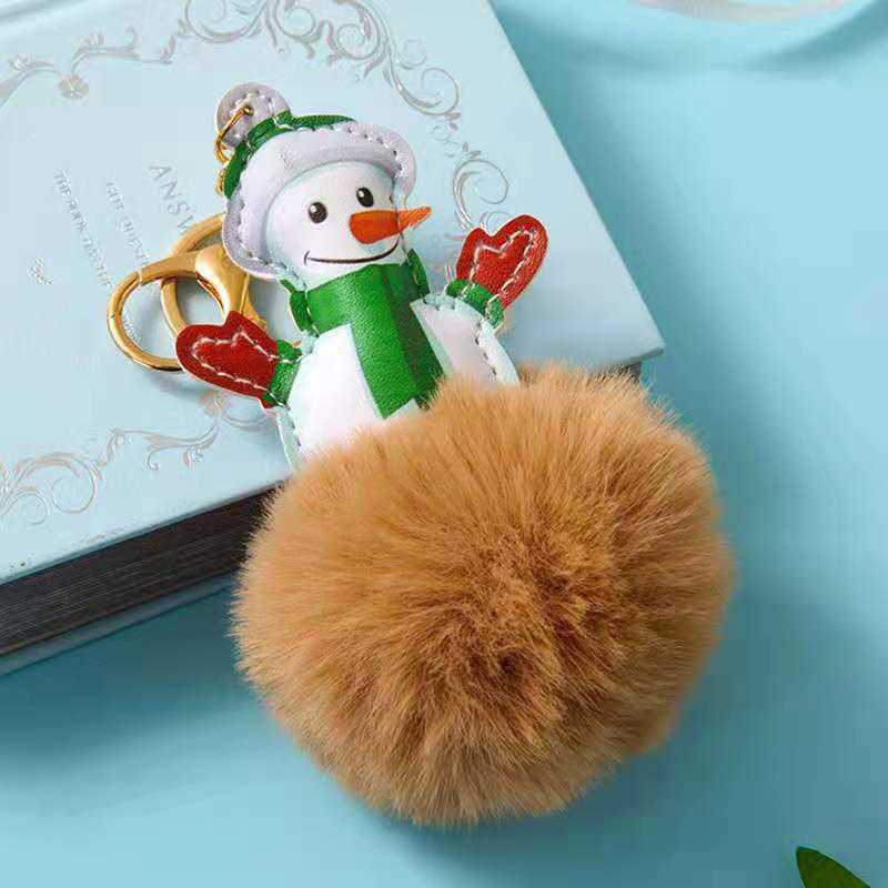 灰色圣诞雪人毛球钥匙扣挂件