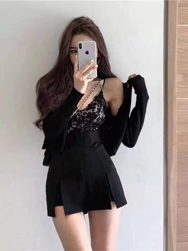 Black short skirt, A-line skirt, sexy pleated skirt set, summer Hong Kong-style halter top, women's knitted cardigan three-piece set detail image 6