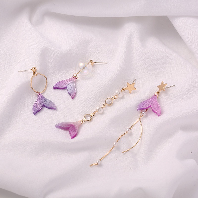 Pendientes de cola de sirena japonés y coreano cinco estrellas bola de vidrio pendientes de plata pendientes de borla de perlas clips de oído asimétricos