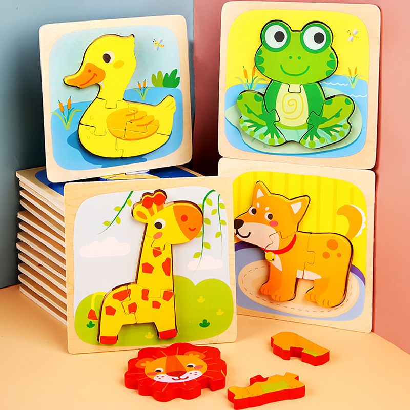 Children's wooden cartoon animal three-dimensional snap-on small jigsaw puzzle, early education board building block toy for boys and girls details Picture