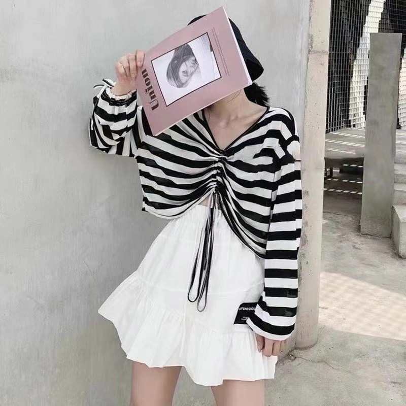 Junxi Cool Girl Set: Women's thin, salty and sweet summer striped T-shirt, long sleeves + high-waisted half-length A-line skirt detail image 1