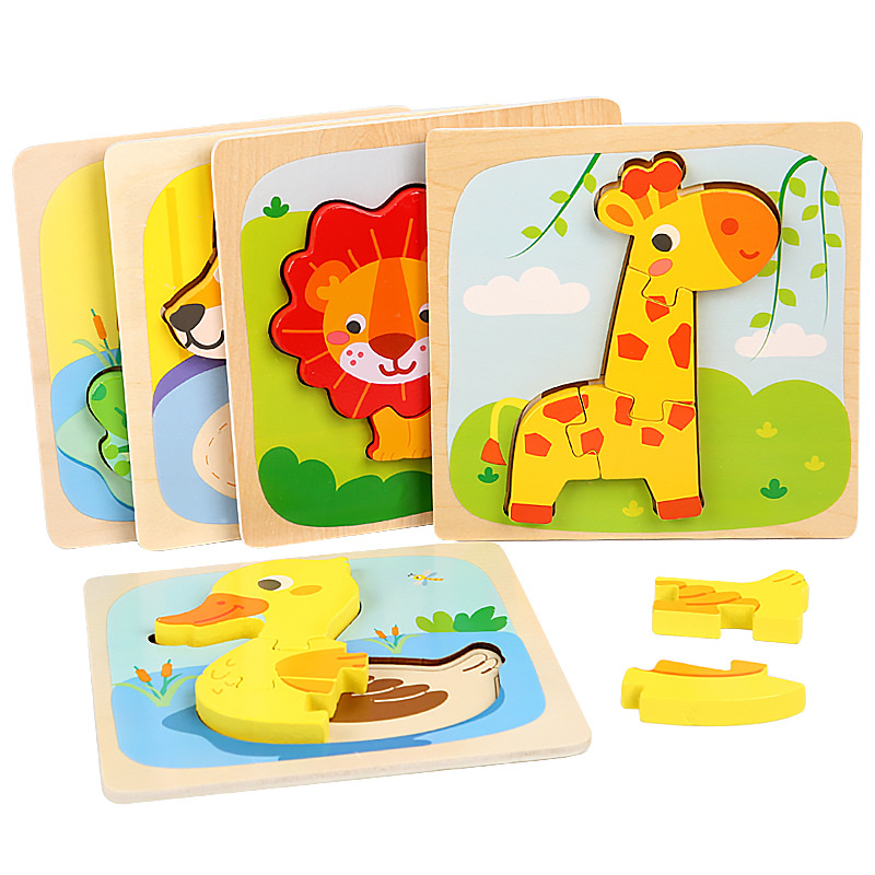 Children's wooden cartoon animal three-dimensional snap-on small jigsaw puzzle, early education board building block toy for boys and girls Item Picture