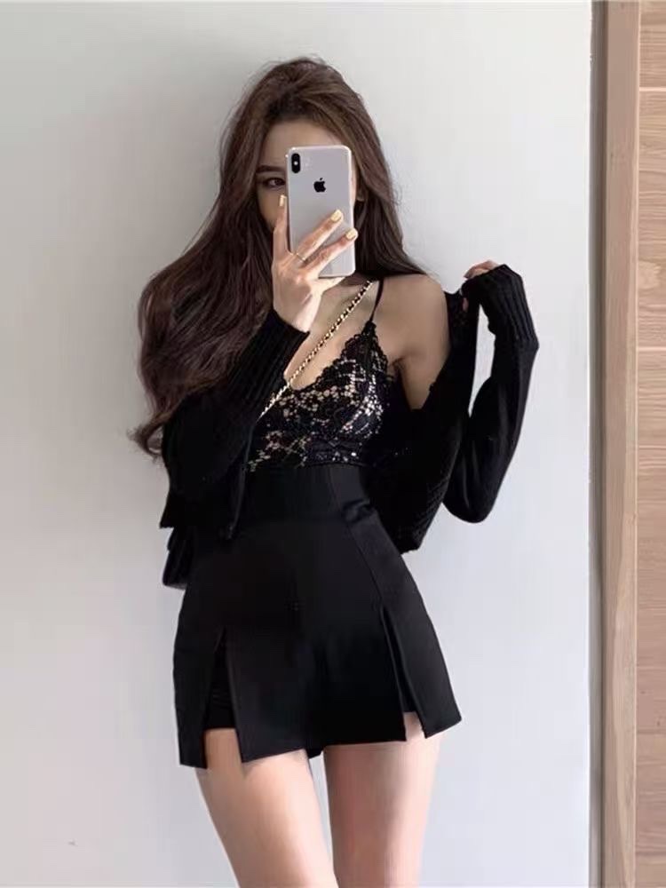 Black short skirt, A-line skirt, sexy pleated skirt set, summer Hong Kong-style halter top, women's knitted cardigan three-piece set detail image 8