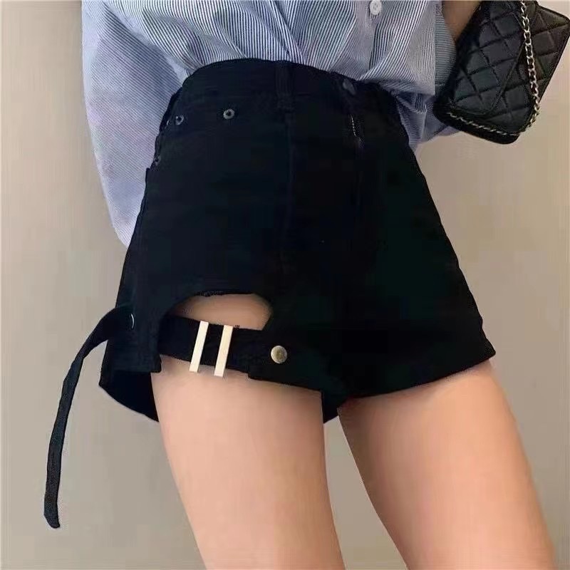 设计感高腰弹力微喇牛仔短裤女2021新款夏天薄款不规则a字热裤子细节图