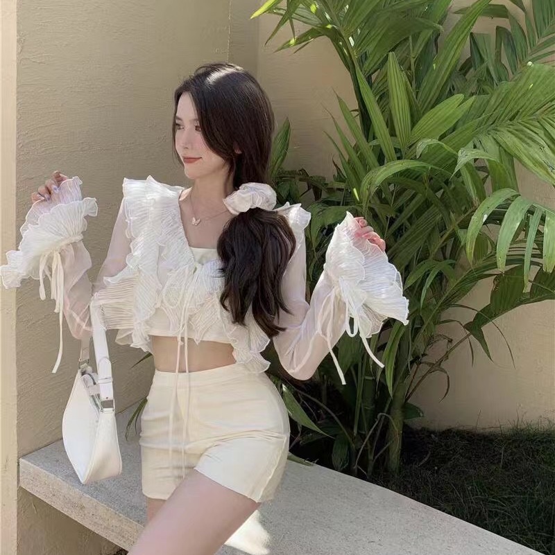 Fashionable sweet and spicy suit for women, 2021 Summer new style, short, long-sleeved, sun-protective shirt, high waist and hip long dress