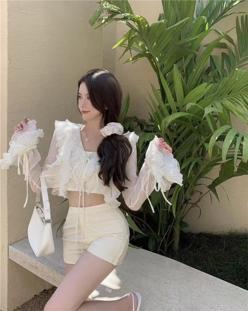 Fashionable sweet and spicy suit for women, 2021 Summer new style, short, long-sleeved, sun-protective shirt, high waist and hip long dress detail image 2