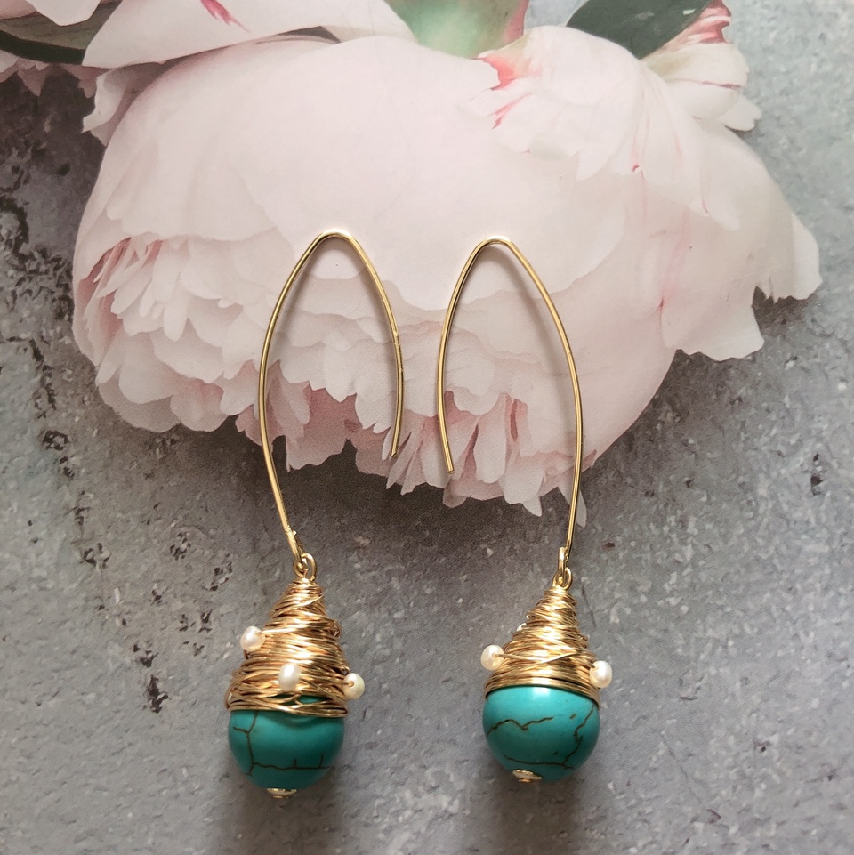 Turquoise mirror polished ultra exquisite high sense personality fashion Korean version trend earrings thumbnail