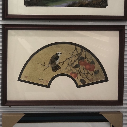 义乌大森装饰65X45cm纯手工羽毛画装饰画复古红木风格新中式花鸟扇形