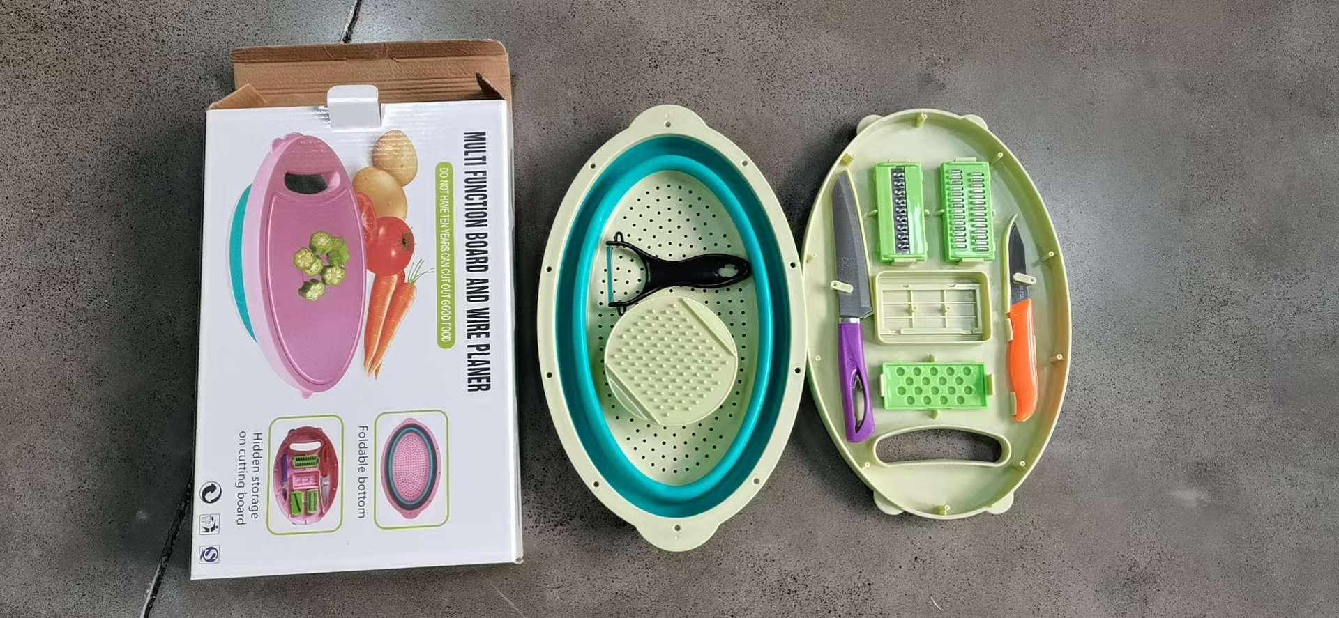 Integrated Knife Cutting Board Multi-Functional Cutting Tool Kitchen Potato Slicing Grater Drain Vegetable Blue Folding Dual-Use Outdoor Portable Barbecue Tool Item Picture