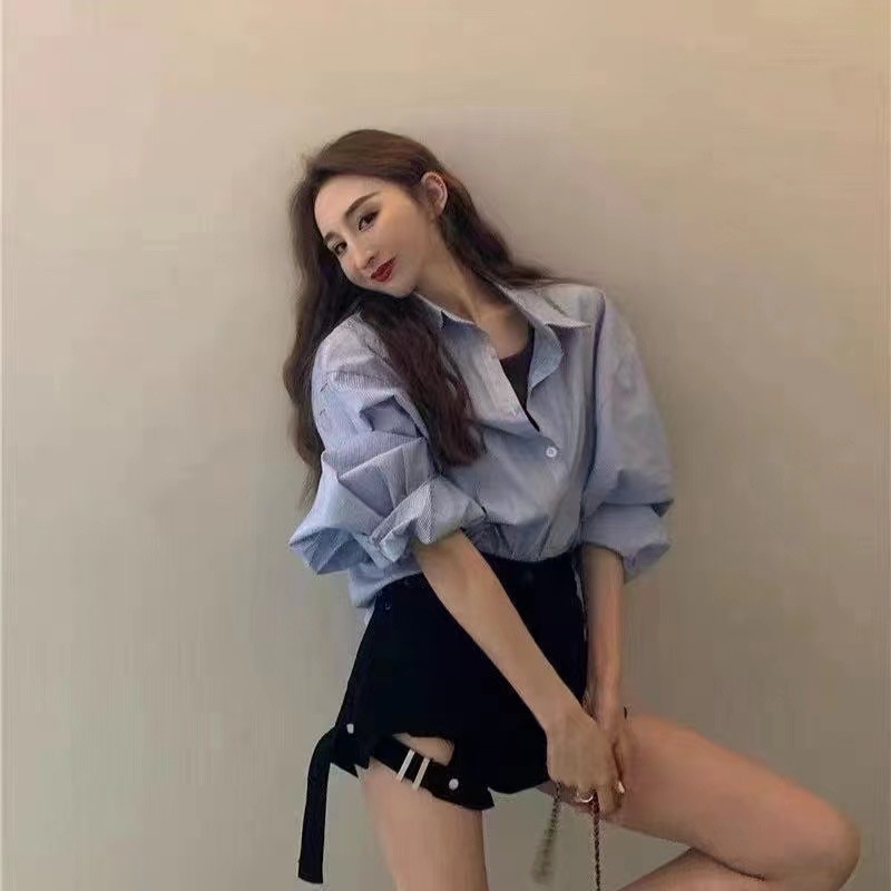 设计感高腰弹力微喇牛仔短裤女2021新款夏天薄款不规则a字热裤子产品图