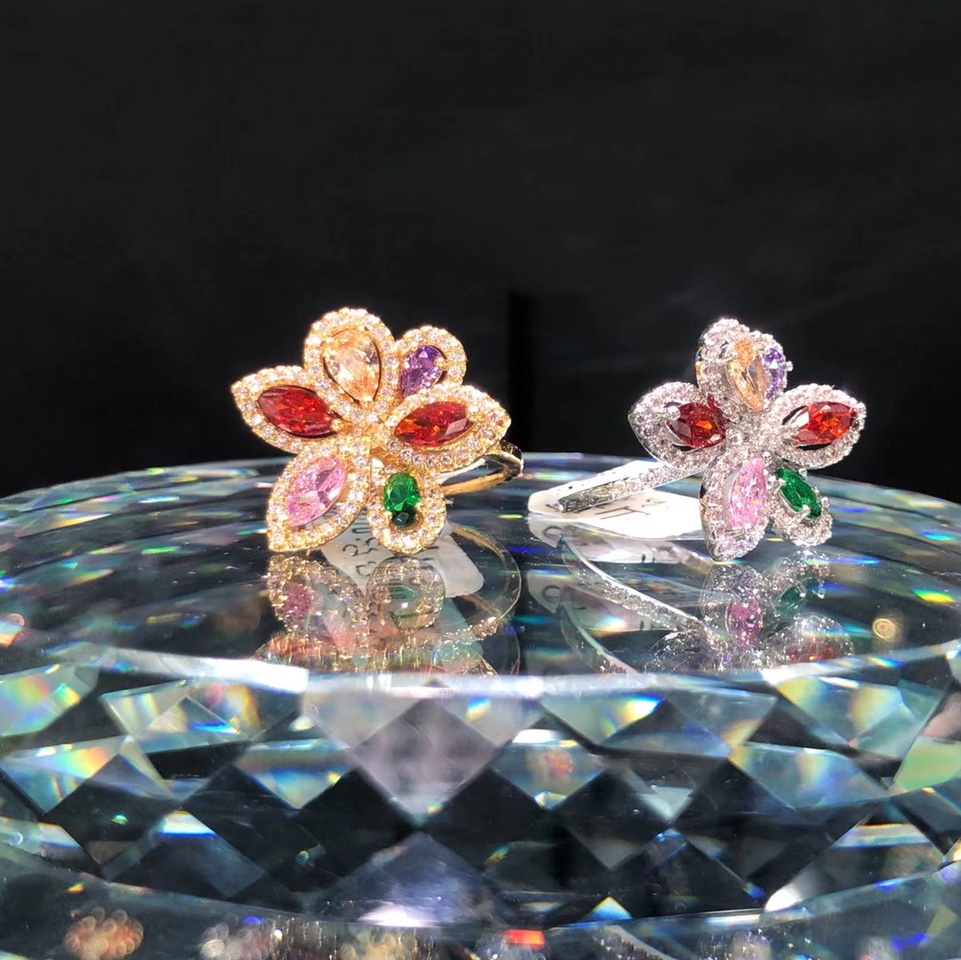 European and American exaggerated big flower color zircon ring with high quality ring girl thumbnail