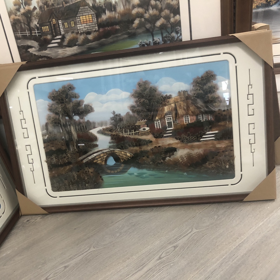 义乌大森装饰65X105cm纯手工羽毛画装饰画复古红木风格新中式小桥人家