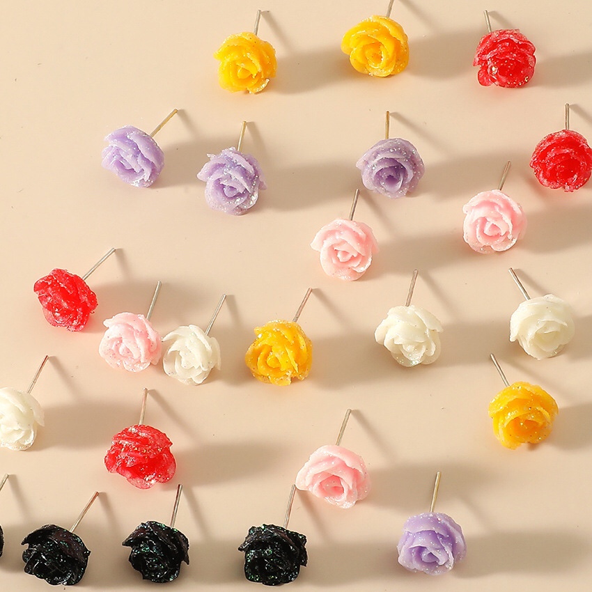 K-pop Accessories Wholesale Flash rose Resin flower set Stud earrings 12 pairs of card earrings direct