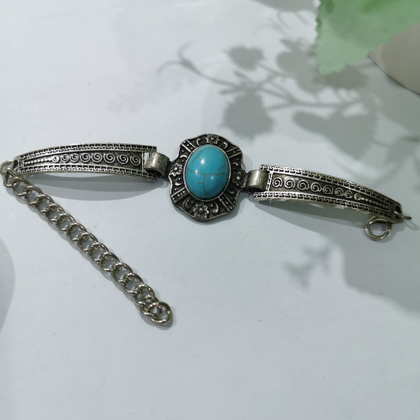 Alloy plated turquoise bracelet with antique silver trim