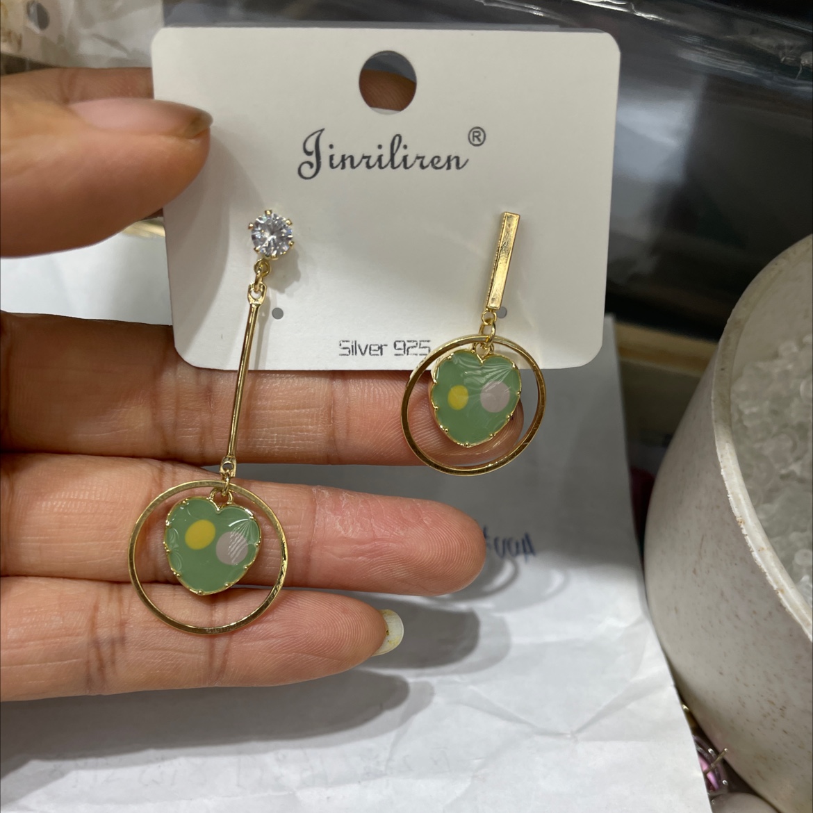 Today beauty Korean version earrings left and right asymmetrical design green thumbnail